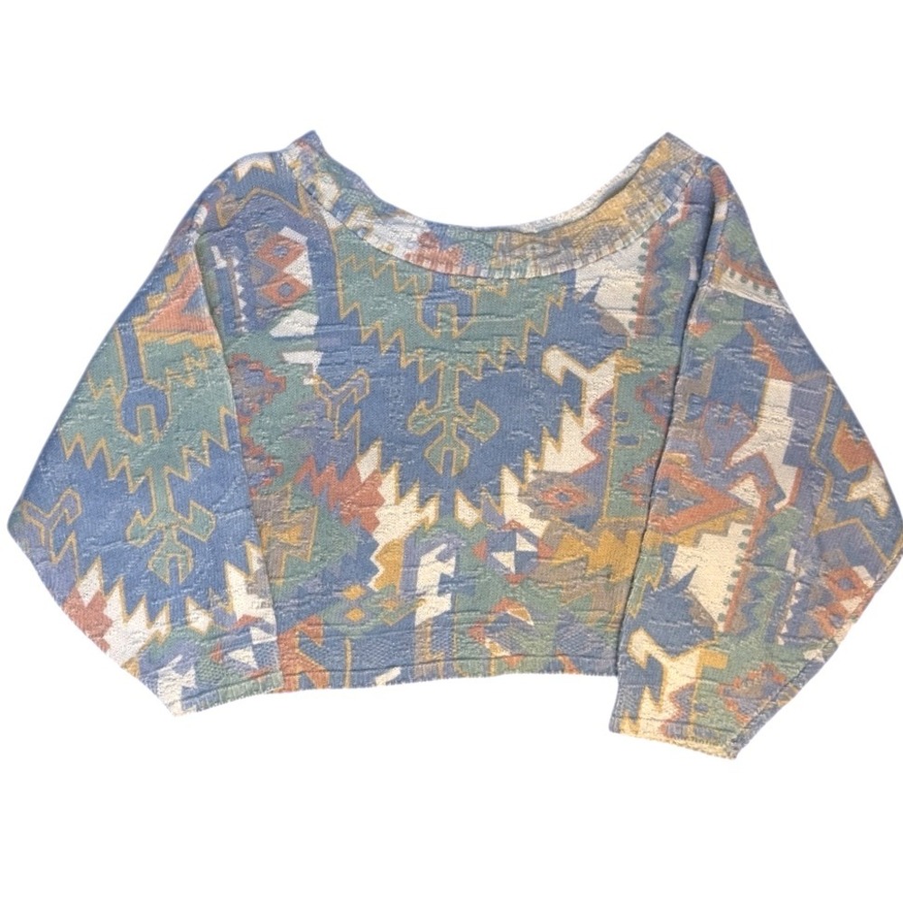 Objects d'Art‎ Womens Cropped Sweater Retro Geometric Aztec Print Blue Green L